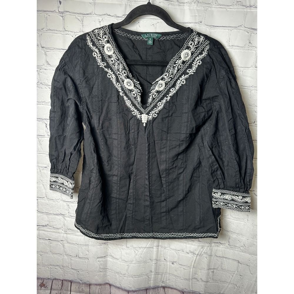 Lauren Ralph Lauren Black Embroidered Boho Blouse Floral Lace Trim Top